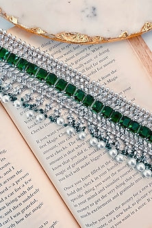 White Rhodium Plated Green Zircon & Pearl Choker Necklace
