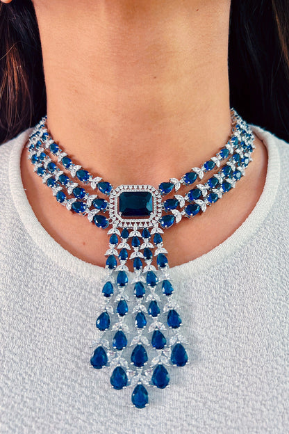 White Rhodium Plated Blue Zircon Necklace