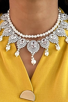 White Rhodium Plated Zircon & Pearl Necklace