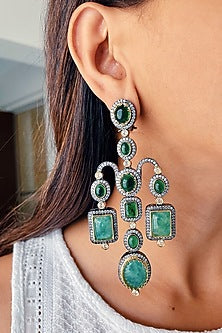 Black Rhodium Finish Green Diamond Dangler Earrings