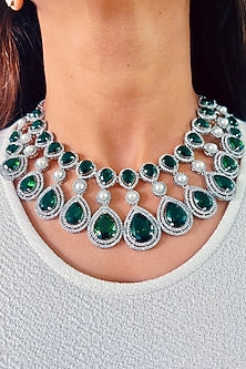 White Rhodium Plated Zircon & Pearl Necklace