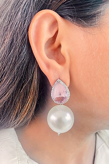 White Finish Pink Stone & Pearl Drop Dangler Earrings