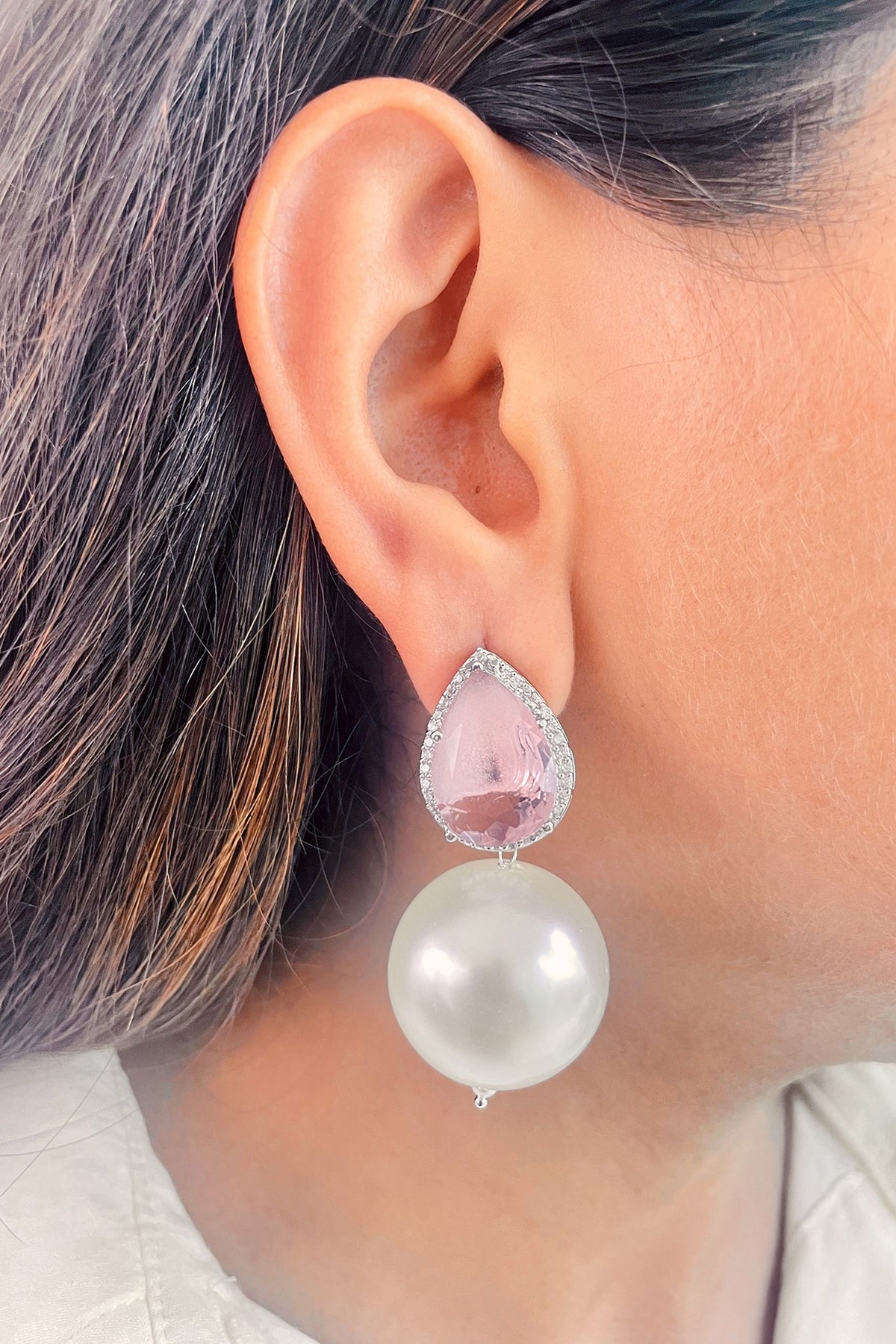 White Finish Pink Stone & Pearl Drop Dangler Earrings