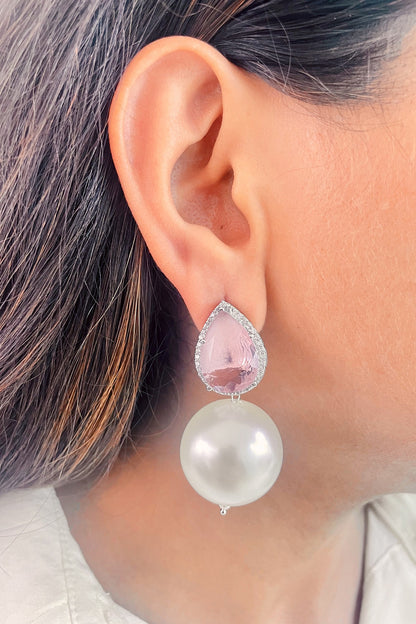 White Finish Pink Stone & Pearl Drop Dangler Earrings