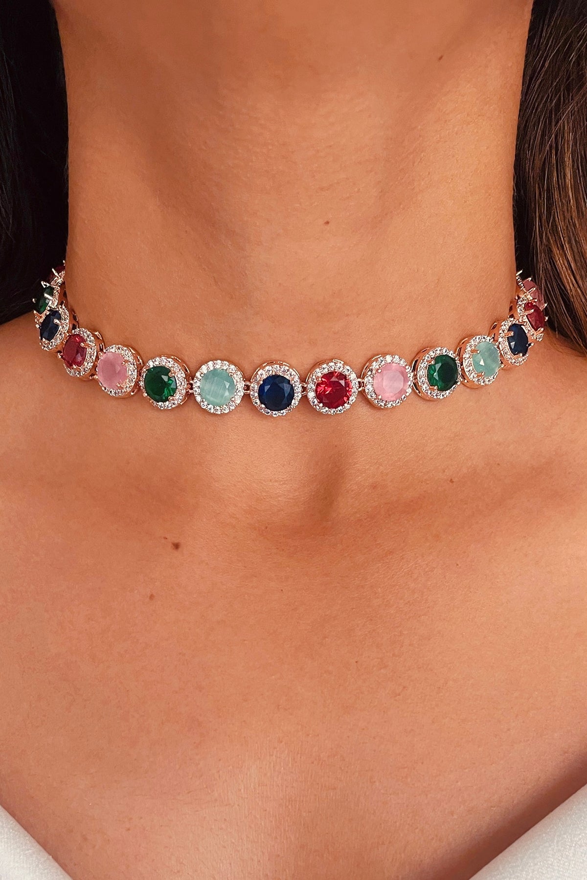 Rose Gold Plated Multi-Colored Zircon Choker Necklace