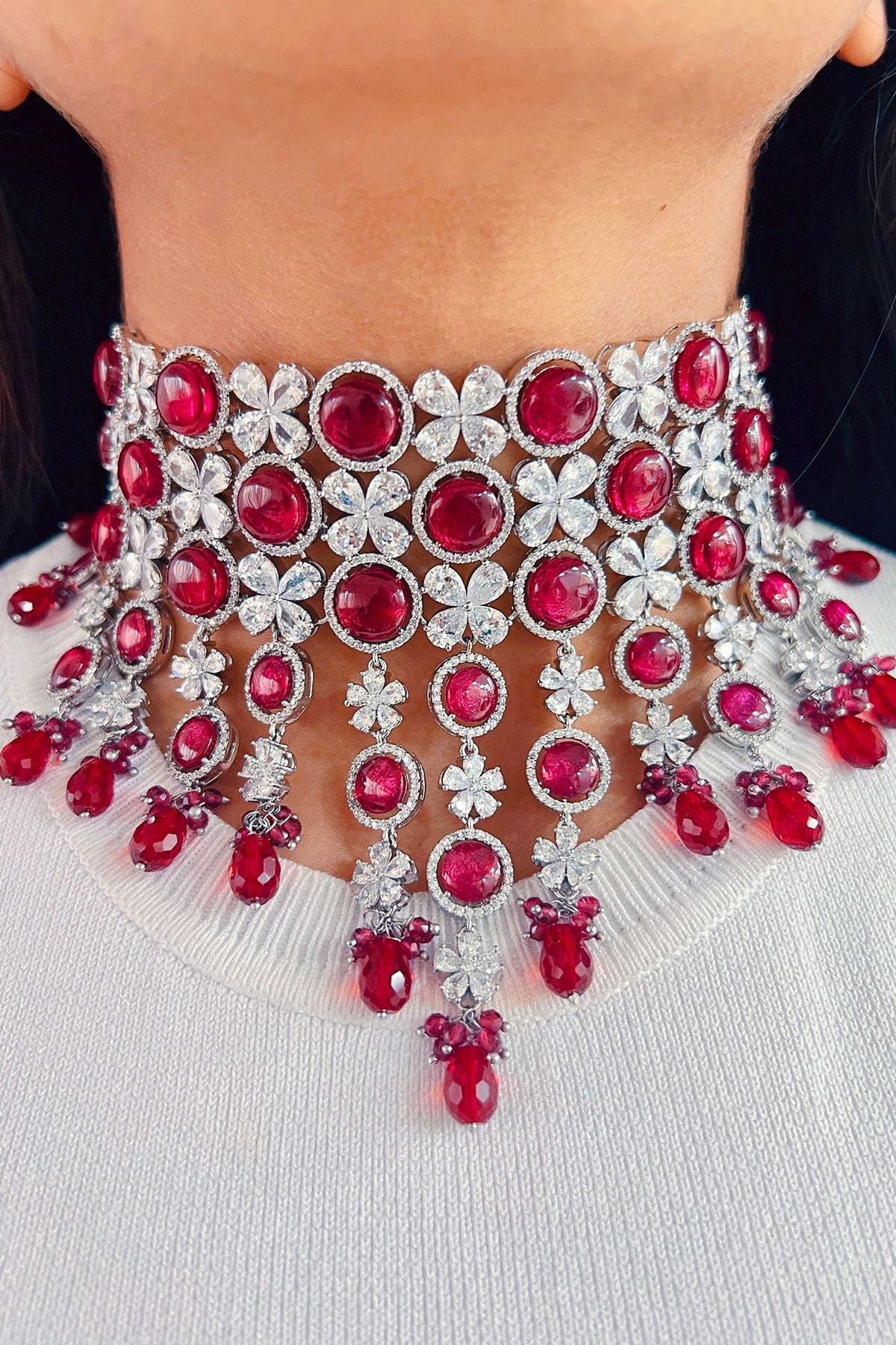 White Rhodium Plated White & Red Zircon Necklace