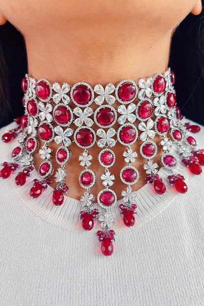 White Rhodium Plated White & Red Zircon Necklace