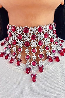 White Rhodium Plated White & Red Zircon Necklace