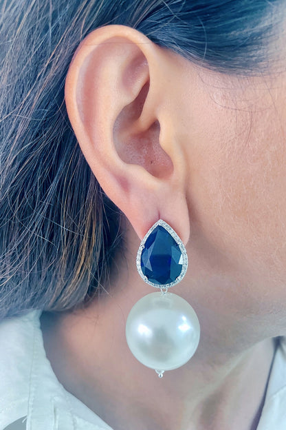 White Finish Blue Stone & Pearl Drop Dangler Earrings