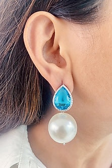 White Finish Blue Stone & Pearl Drop Dangler Earrings