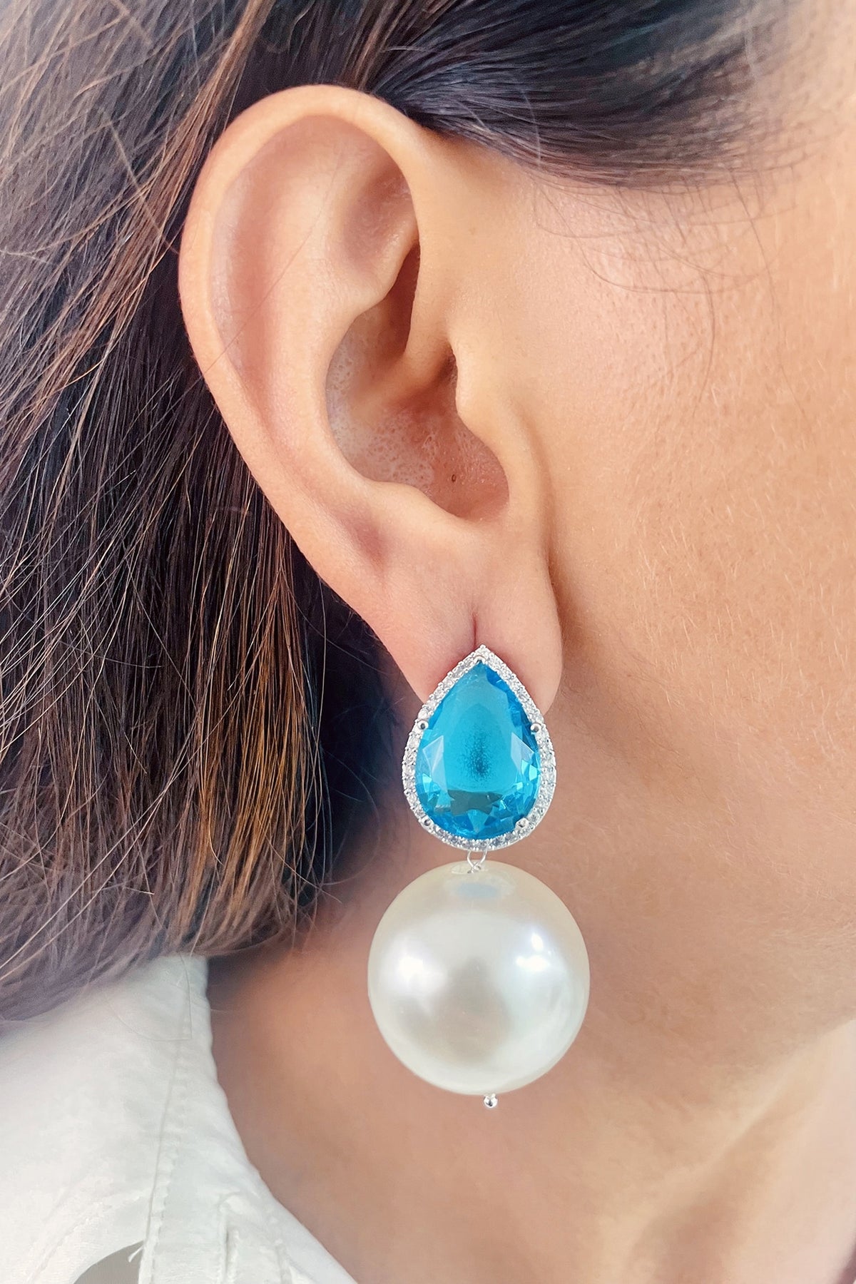 White Finish Blue Stone & Pearl Drop Dangler Earrings
