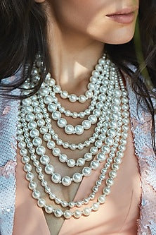 White Rhodium Plated Pearl Layered Necklace