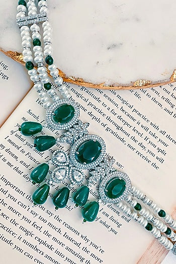 White Rhodium Plated White & Green Zircon Necklace