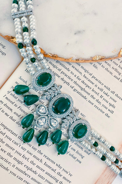 White Rhodium Plated White & Green Zircon Necklace