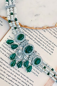 White Rhodium Plated White & Green Zircon Necklace
