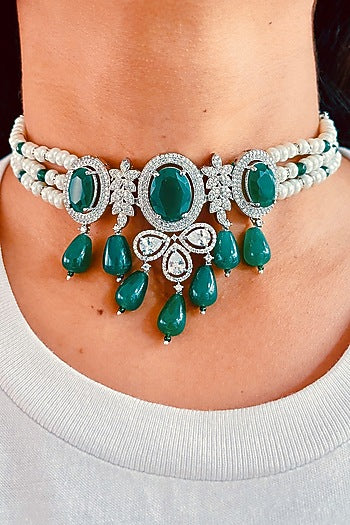 White Rhodium Plated White & Green Zircon Necklace