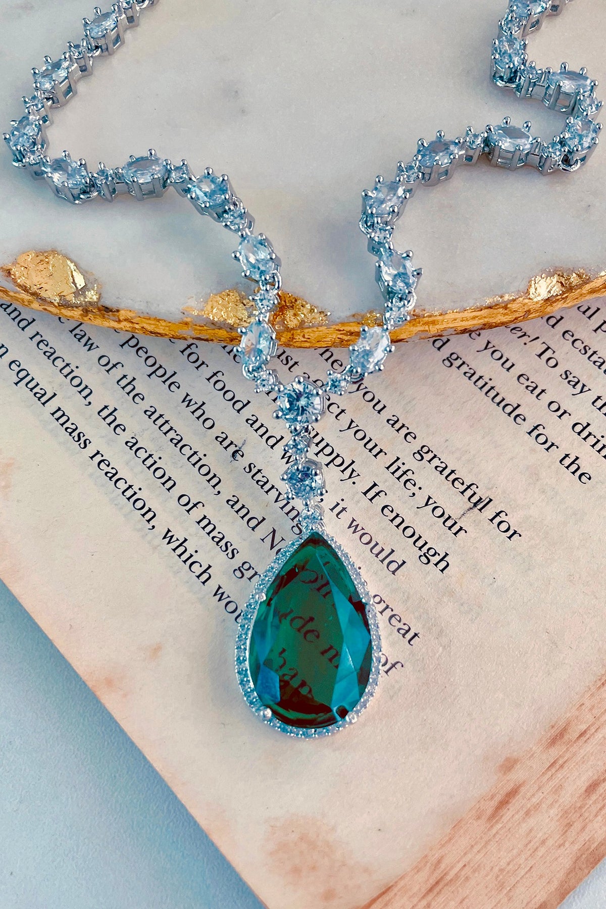 White Rhodium Plated White & Green Zircon Necklace