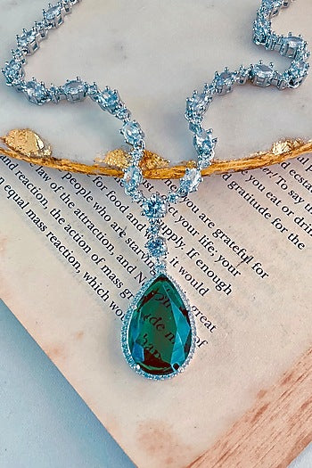 White Rhodium Plated White & Green Zircon Necklace