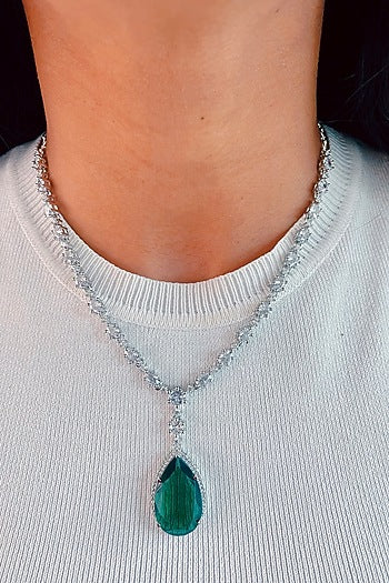 White Rhodium Plated White & Green Zircon Necklace