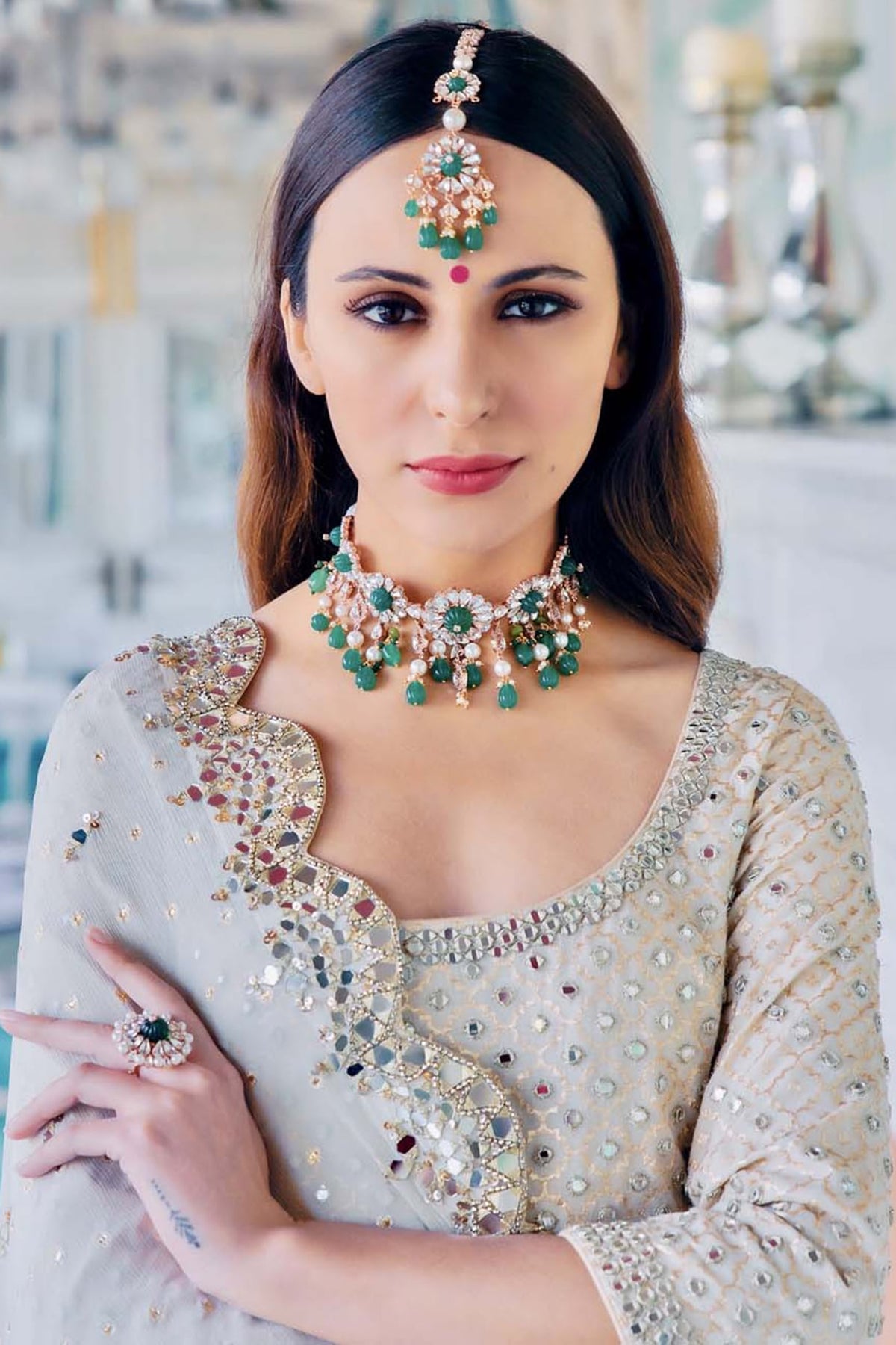 Rose Gold Plated Green Stone Choker Necklace