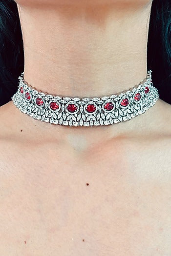 White Rhodium Plated Red Zircon Choker Necklace