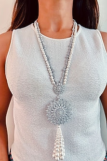 White Rhodium Plated Pearl & Zircon Necklace