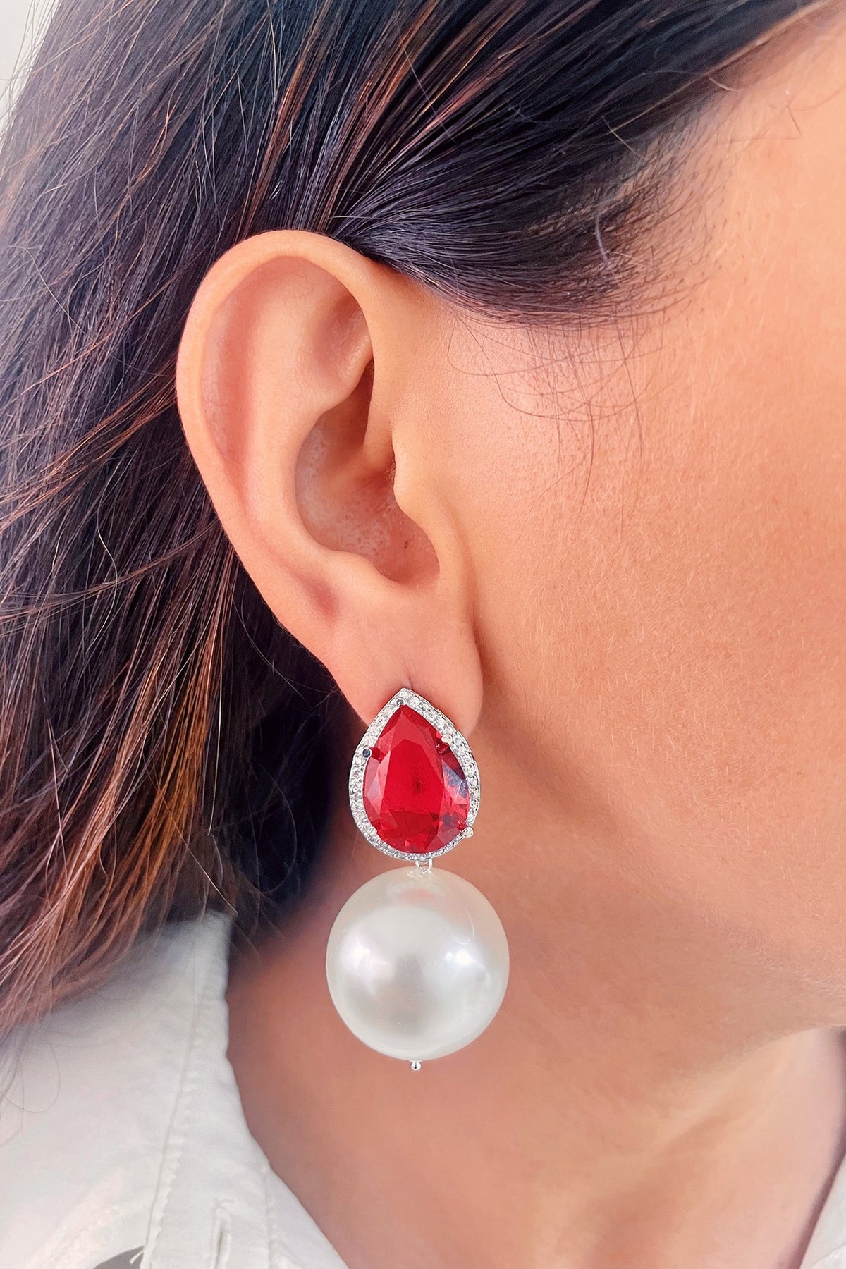 White Finish Red Stone & Pearl Drop Dangler Earrings