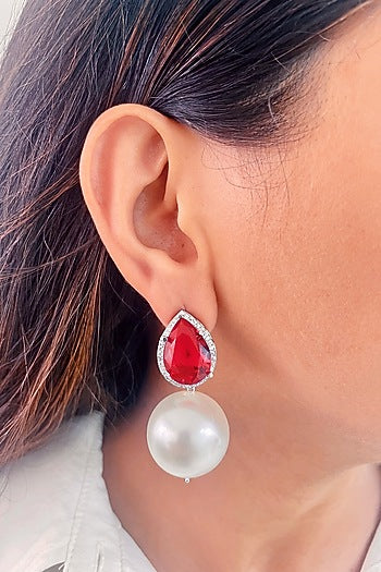White Finish Red Stone & Pearl Drop Dangler Earrings