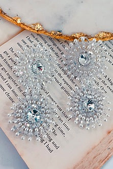 White Finish Pearl Floral Dangler Earrings