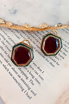 Gold Finish Red Kundan Polki Stud Earrings