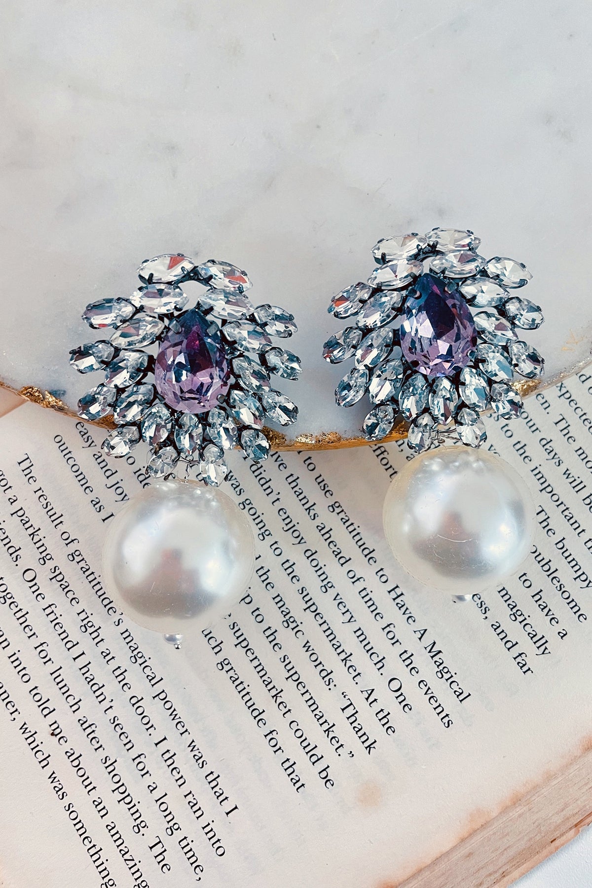 Black Rhodium Finish Pink Swarovski & Pearl Dangler Earrings