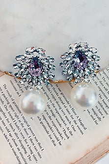 Black Rhodium Finish Pink Swarovski & Pearl Dangler Earrings