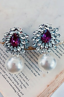 Black Rhodium Finish Purple Swarovski & Pearl Dangler Earrings