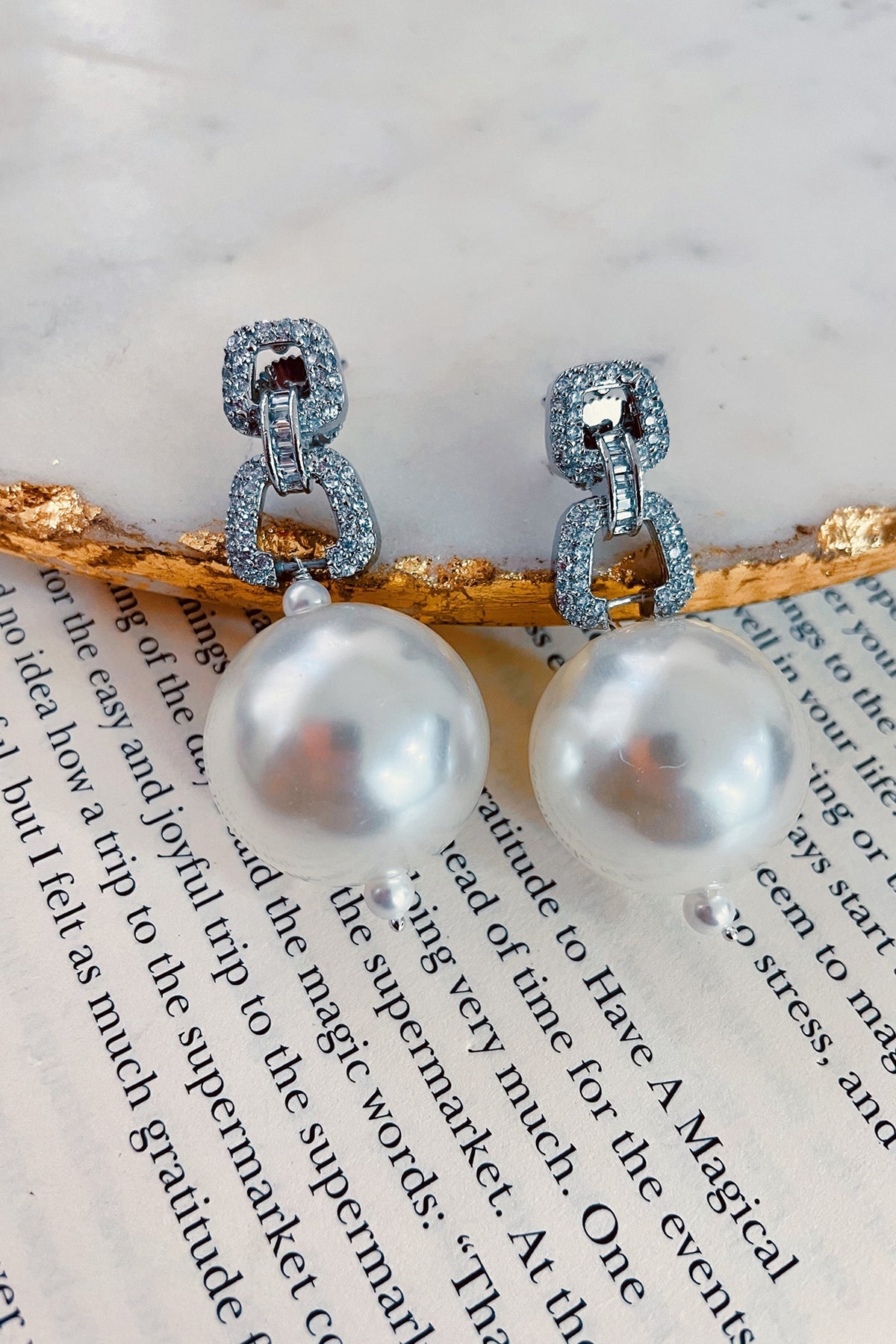 White Finish Zircon & Pearl Dangler Earrings
