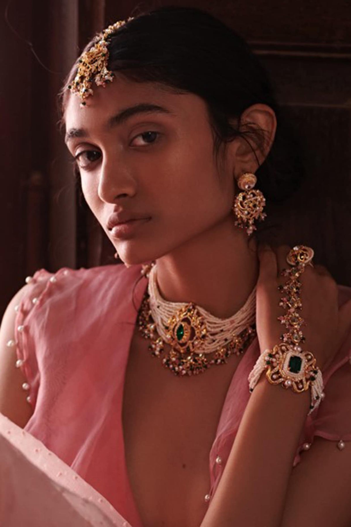 Gold Finish Swarovski Pearl Maang Tikka