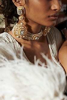 Gold Finish White Swarovski Beaded Choker Necklace