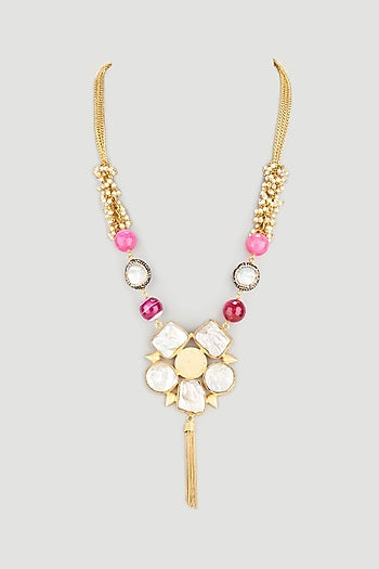 Gold Finish Zircon Long Mala Necklace