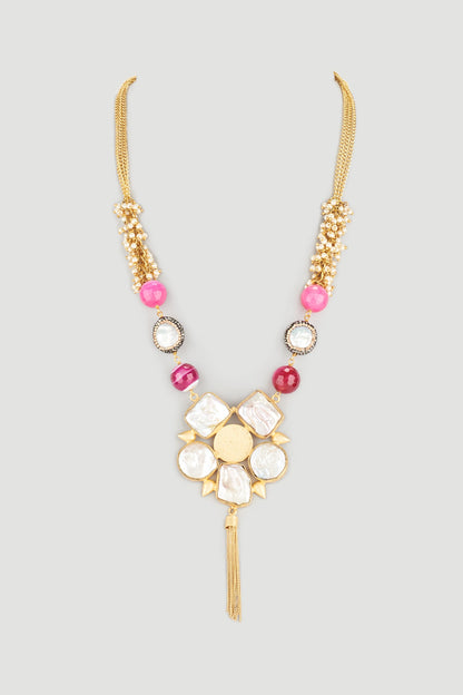 Gold Finish Zircon Long Mala Necklace