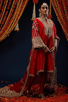 Red Raw Silk Gota & Kundan Embroidered Kurta Set