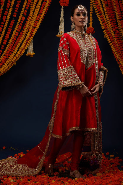 Red Raw Silk Gota & Kundan Embroidered Kurta Set