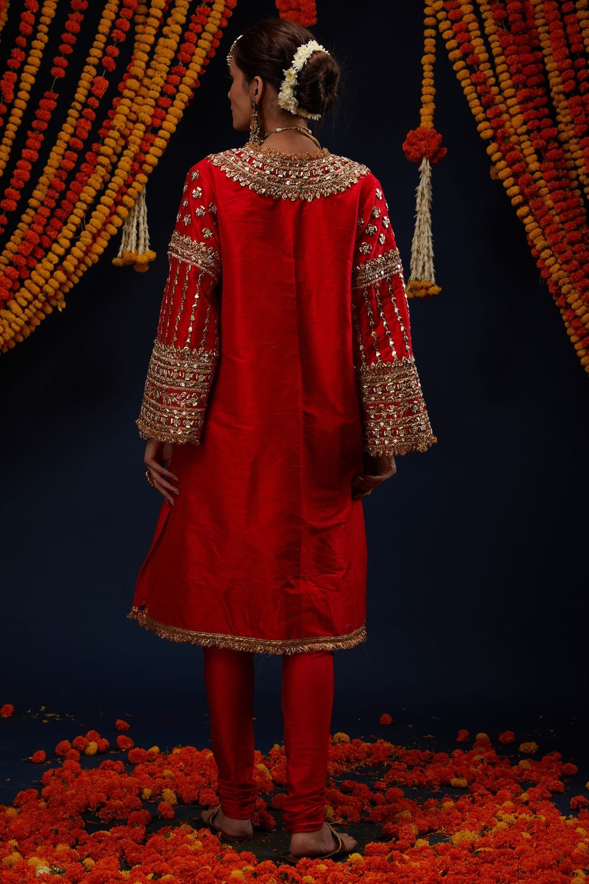 Red Raw Silk Gota & Kundan Embroidered Kurta Set