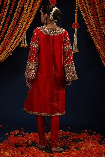 Red Raw Silk Gota & Kundan Embroidered Kurta Set