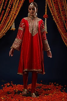 Red Raw Silk Gota & Kundan Embroidered Kurta Set