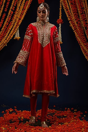 Red Raw Silk Gota & Kundan Embroidered Kurta Set