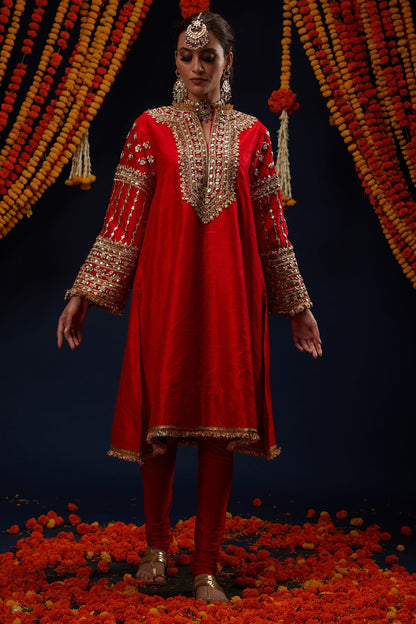 Red Raw Silk Gota & Kundan Embroidered Kurta Set
