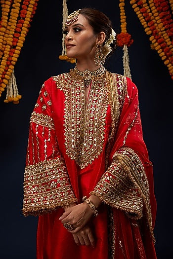 Red Raw Silk Gota & Kundan Embroidered Kurta Set