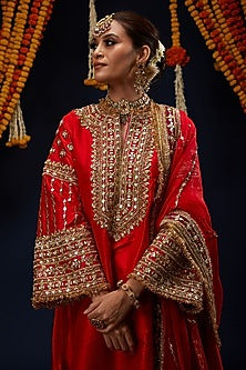 Red Raw Silk Gota & Kundan Embroidered Kurta Set