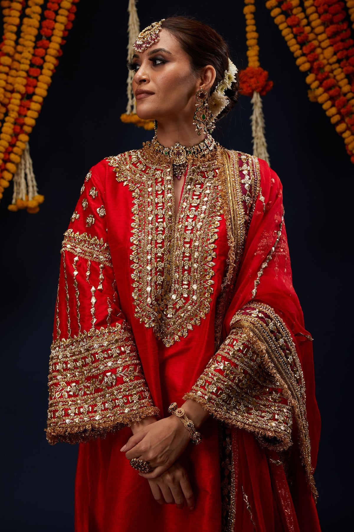 Red Raw Silk Gota & Kundan Embroidered Kurta Set