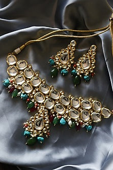Gold Finish Multi-Colored Polki Choker Necklace Set