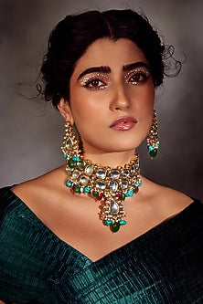 Gold Finish Multi-Colored Polki Choker Necklace Set